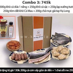Combo 3: 300g cá dứa 1 nắng + 250g khô cá sặc sấy dẻo + 250g lạp xưởng tươi + 250g tôm đất khô Cà Mau + 200g chả mực Hạ Long